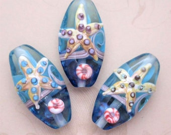 3 Starfish Glass Lampwork Focal Beads, Aqua & Indigo Blue, Cream Sea Stars, Handmade Oval Ocean Life Beads