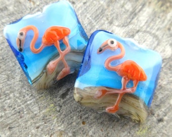 Grace Beads Flamingo Glass Lampwork Pillows, Orange Birds, Two Tone Ocean Blue and Aqua Color Beads (1 Bead)