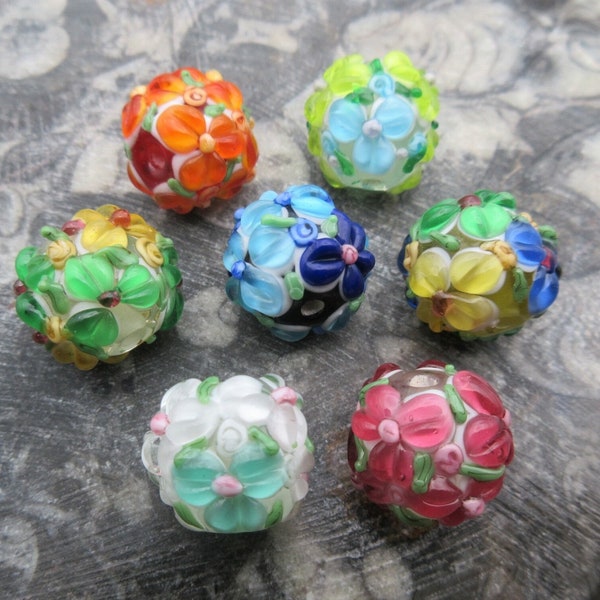 Flower Lampwork Glass Bead, Raised Petals, 15mm Multi Color Bumpy Outside, Completely Floral Covered Handmade Beads (1)