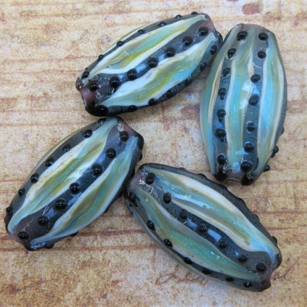 Green & Black Glass Lampwork Beads, Bumpy Cucumber or Seed Pod, Opal Shimmer with Black Dots, Oval Handmade Beads (2 or 5)