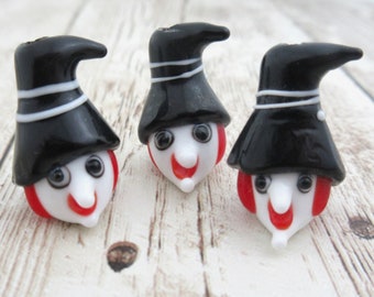 Witch Glass Lampwork Beads, White Witch Face, Bright Red Hair & Black Hat Handmade Halloween Witches (2)