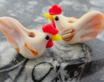 Lampwork Chicken Beads: Glass Rooster, Hen Farm Animal Charms (2 or 5)