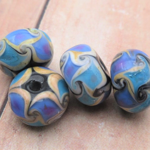 Purple & Blue Glass Lampwork Beads, Rondelles with Curly Swirl Design, Handmade for Jewelry Making, Great Bracelet Beads (2, 5, Save on 10)