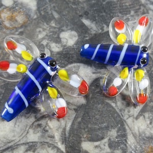 2 Dragonfly Glass Lampwork Beads, Handmade Cobalt Blue & White Striped Insect Animal Focal Beads
