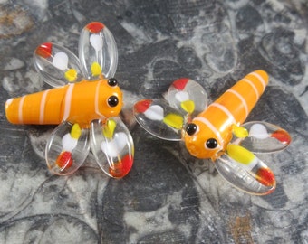 2 Dragonfly Glass Lampwork Beads, Handmade Orange & White Striped Flying Insect Animal Focal Beads