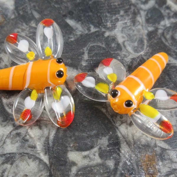 2 Dragonfly Glass Lampwork Beads, Handmade Orange & White Striped Flying Insect Animal Focal Beads