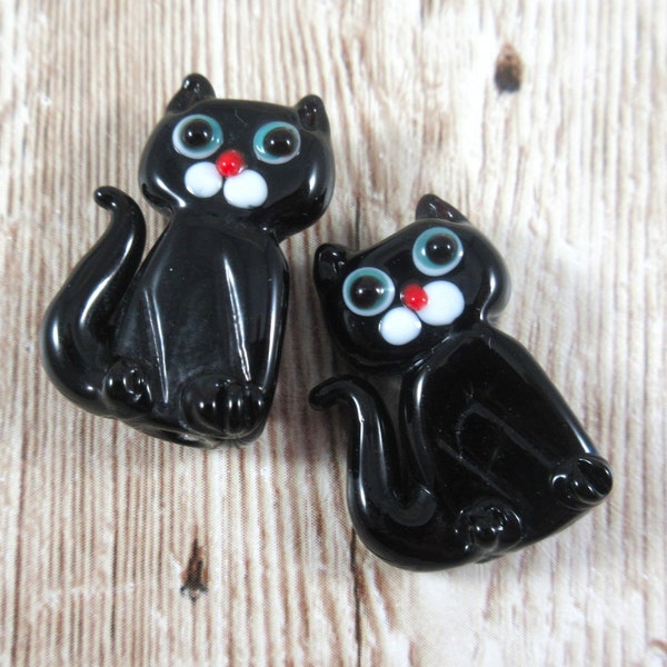 Black Cat Glass Beads, Kitty Cat Lampworked Beads, Large Handmade Focal Animal Beads for Jewelry Designs (2, 5 or Save on a Strand of 10)