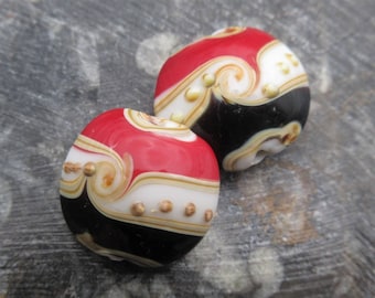 Handmade Lampwork Glass Beads: Red, Black, Ivory Abstract Lentils 20mm (2)
