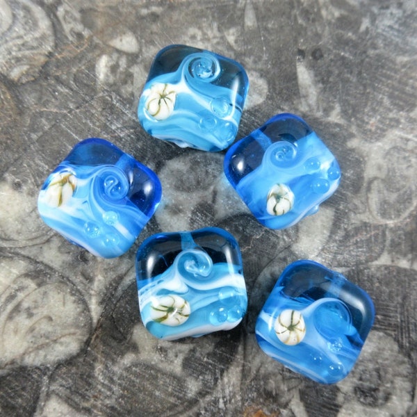 Ocean Wave Square Lampwork Glass Beads, 15mm Cyan, Capri, Aqua or Teal Blue Color, Beach Scene, Handmade Beads (2 or 5)