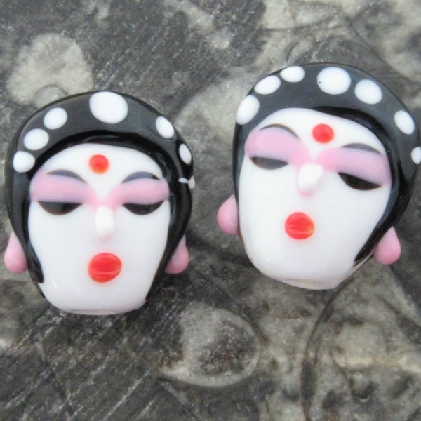 Geisha Girl Glass Lampwork Beads, Japanese Server, Buddha Head, Dancing or Painted Lady Face Handmade Beads (2 or 5 Beads)