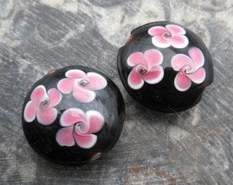 Pink Pinwheel Flower Lampwork Beads, Handmade Floral Disc Design (2)