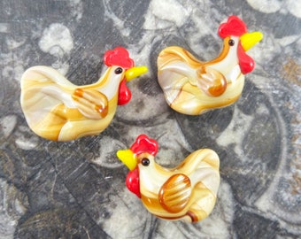 Chicken Glass Lampwork Beads, Cream Rooster, Beige Bird Shaped, Handmade Hen Farm Animal Beads (2, 3 or 5)