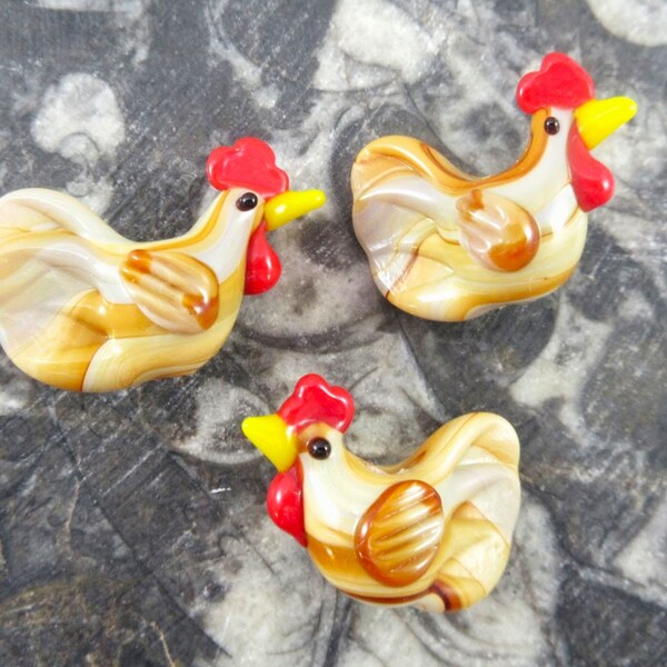 Chicken Glass Lampwork Beads, Cream Rooster, Beige Bird Shaped, Handmade Hen Farm Animal Beads (2, 3 or 5)