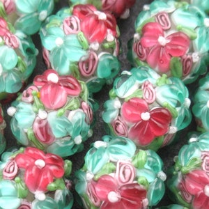 5 or 10 Green & Pink Glass Flower Lampwork Beads, Bumpy Floral Raised Petals, Handmade Round Beads