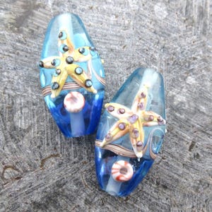 Starfish Glass Lampwork Focal Beads, Aqua & Indigo Blue, Cream Sea Stars, Handmade Oval Ocean Life (2 or 5)