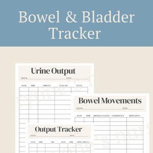 Pode incluir: Um rastreador imprimível bege e azul para monitorar a saúde intestinal e da bexiga. O rastreador inclui seções para produção de urina, movimentos intestinais e rastreamento de saída, com espaços para registrar datas, horários e notas.