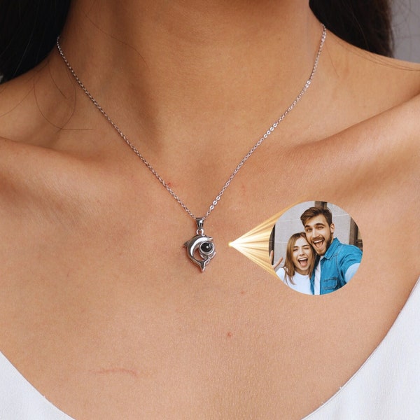 Custom Photo Projection with Dolphin Necklace, Personalized Dainty Necklace for Women, Gift for Girlfriend, Sterling Silver Handmade Jewelry