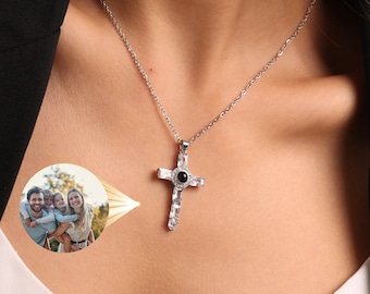 Projection Photo Necklace, Personalized Cross Necklace, Memorial Gift, Gift for Her, Mom Necklace, Valentine Day Gift