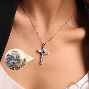 Projection Photo Necklace, Personalized Cross Necklace, Memorial Gift, Gift for Her, Mom Necklace, Valentine Day Gift