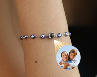 Custom Photo Projection Bracelet with Evil Eye  Chain - Handmade Jewelry for  Christmas, Bestfriend Gifts