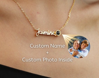 Namenskette mit Fotoprojektion - Zierliche Namensketten - Personalisierter handgemachter Schmuck - Geschenk für Mama Tochter Her