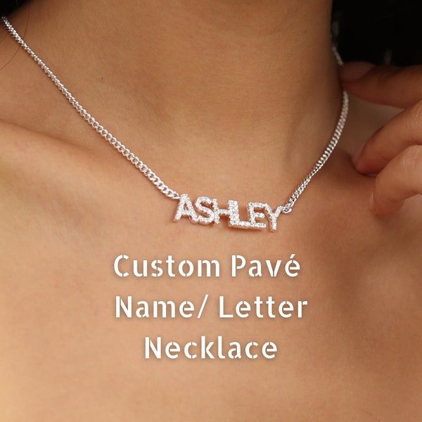 Custom Pavé Name Necklace with Curb Chain - Custom Diamond Name Necklace - Personalized Name Pendant with Crystal