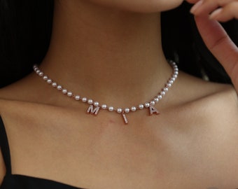 Personalized Pave Letter Necklace with Pearls Chain, Custom Diamond Name Necklace, Anniversary Gifts, Birthday Gifts, Christmas Gift for Her