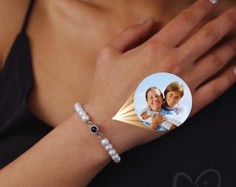 Personalized Photo Bracelet with Pearls Chain, Custom Projection Pearl Bracelet for Women, Anniversary Gifts, Christmas Gift for Her