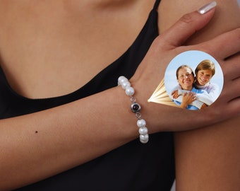Pulsera de fotos personalizada con cadena de perlas, pulsera de perlas de proyección personalizada para mujer, regalos de aniversario, regalo de Navidad para ella
