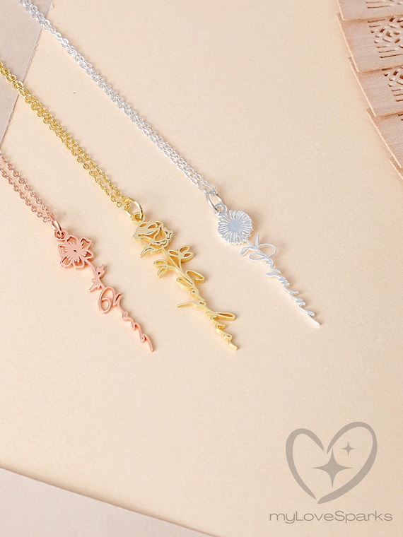 Personalized Gifts for Her, Best Friend Gift, Christmas Gifts for Mom, Custom Birth Flower Necklace, Silver Handmade Jewelry