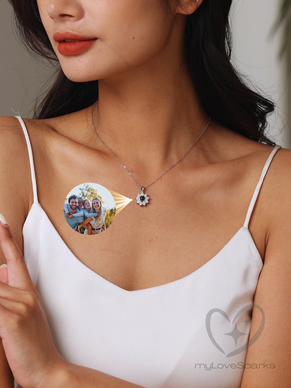 Custom Projection Sunflower Necklace, Personalized Memorial Necklace, Gift for her, Handmade Jewelry，Solid 925 Sterling Silver