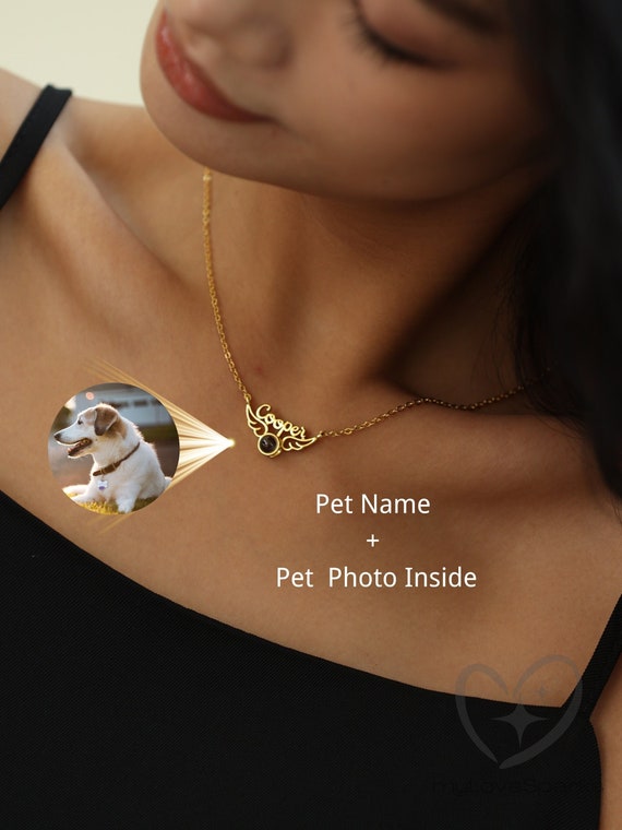 Custom Wing Necklace with Pet name and Photo Projection - Personalized Dog Memoiral Jewelry - Personalized Gift for Mom Daughter Her