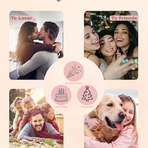 May include: A promotional graphic with the text "Gift for your loved one." The image includes photos of people with the text "To Lover," "To Friends," "To Family," and "To Pets." Icons for Anniversary, Birthday, and Festival are also included.