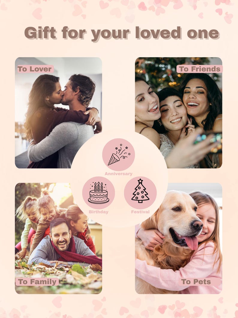 May include: A promotional graphic with the text "Gift for your loved one." The image includes photos of people with the text "To Lover," "To Friends," "To Family," and "To Pets." Icons for Anniversary, Birthday, and Festival are also included.
