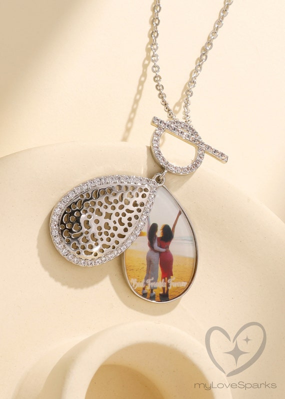 Locket Necklace with Photo, Ornate Teardrop Swivel Crystal Pave Pendant, Custom Picture Necklace, Memorial Gift, Birthday Valentine Day Gift