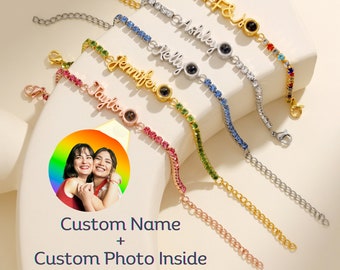 Name Bracelet with Photo Projection - Personalized Name Bracelet with Gem stones Chain in Colors - Custom Gift Jewelry for Mothers Day Her