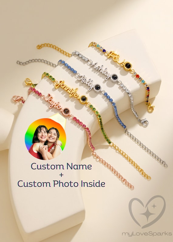 Name Bracelet with Photo Projection - Personalized Name Bracelet with Gem stones Chain in Colors - Custom Gift Jewelry for Mothers Day Her