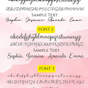 May include: Three different fonts displayed in black on a pink background. The fonts are labeled "Font 1", "Font 2", and "Font 3". Each font shows the alphabet in lowercase and uppercase letters, followed by the words "Sample Text" and the names "Sophia, Jasmine, Amanda, Emma".