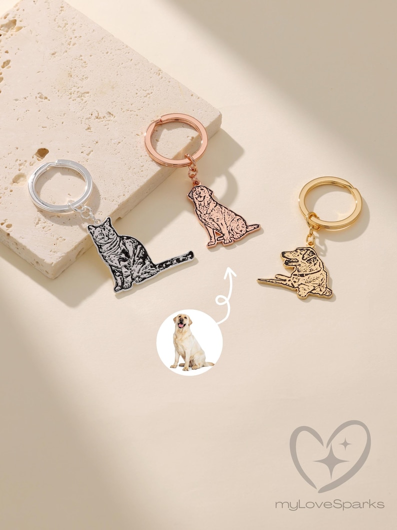 May include: Three pet photo keychain charms: one silver cat, one rose gold dog, and one gold dog.  Each charm features a detailed engraved pet silhouette.  The keychains have simple, round metal rings. A separate image shows a yellow Labrador Retriever. The brand name 'myLoveSparks' is visible at the bottom.