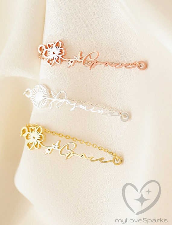 Personalized Gifts for Her, Best Friend Bracelet, Christmas Gifts for Mom, Custom Name Bracelet with Birth Flower, Silver Handmade Jewelry