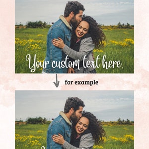 K&ouml;nnte beinhalten: Ein Paar umarmt sich im Freien in einem Feld mit gelben Blumen. Der Mann k&uuml;sst die Stirn der Frau. Das Bild enth&auml;lt den Text "Your custom text here" und "Love you forever."