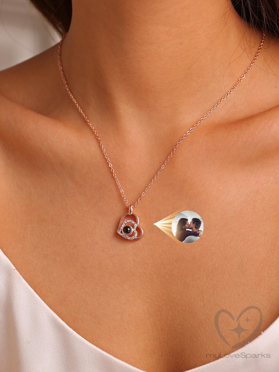 Collana Personalizzata Con Foto Proiettata A Cuore – Argento Sterling 925, Con Incisione 'Ti Amo' In 100 Lingue, Regalo Per Lei
