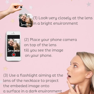 May include: Image showing three ways to view an embedded personal image. The text reads: "Ways to look at your embedded personal image." A woman is looking up, and a phone and a small lens are also shown.