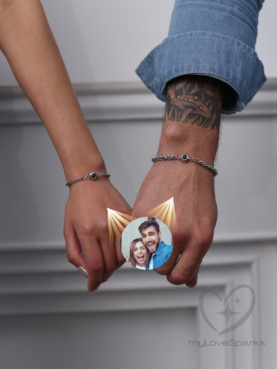 Personalized Photo Projection Bracelet Set of 2, Custom Matching Couple Bracelet,  Lover Couples Gift, Memorial Anniversary Gift