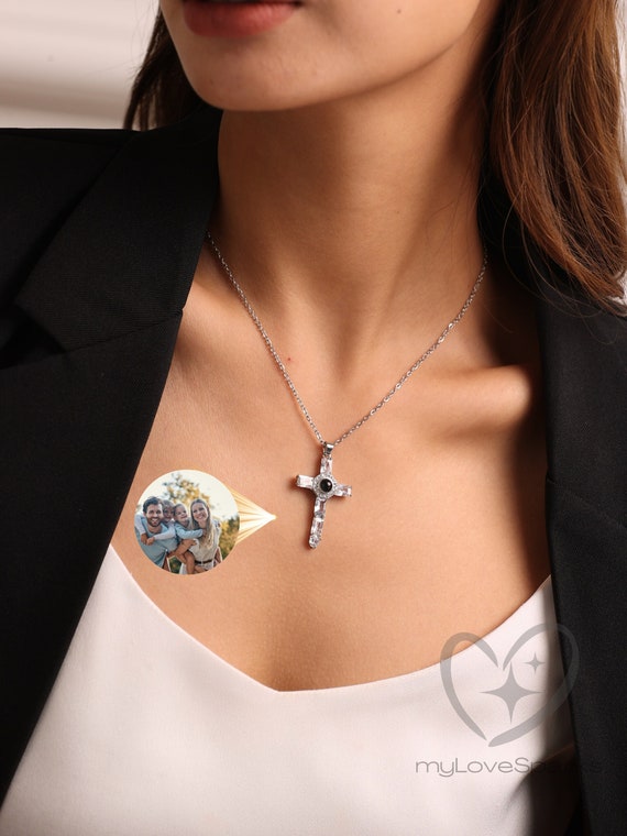 Projection Photo Necklace, Personalized Cross Necklace, Memorial Gift, Gift for Her, Mom Necklace, Valentine Day Gift