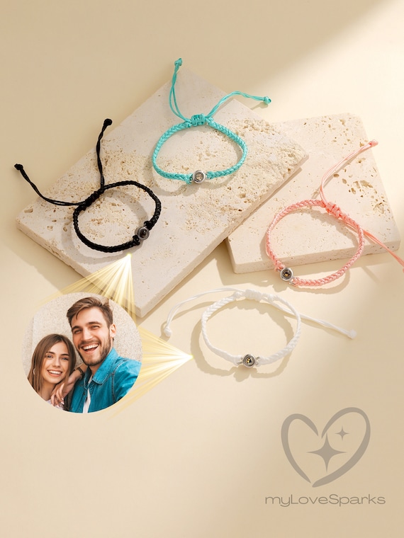 Personalized Photo Projection Bracelet Set of 2, Custom Matching Couple Bracelet,Bracelet for Men and Boyfriend, Memorial Anniversary Gift