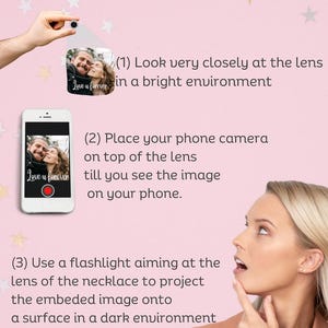 May include: Instructions on how to view an embedded personal image are shown. The steps include looking closely at the lens, using a phone camera, and using a flashlight. The image includes the text "Love u forever".