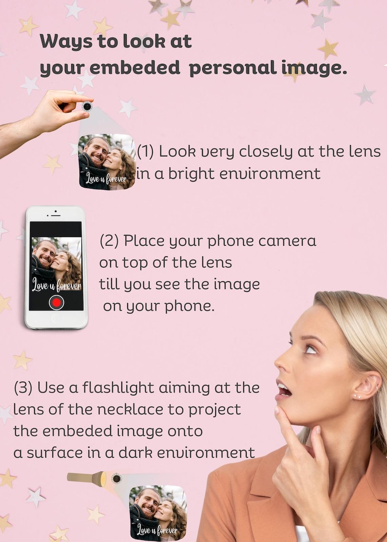May include: Instructions on how to view an embedded personal image are shown. The steps include looking closely at the lens, using a phone camera, and using a flashlight. The image includes the text "Love u forever".