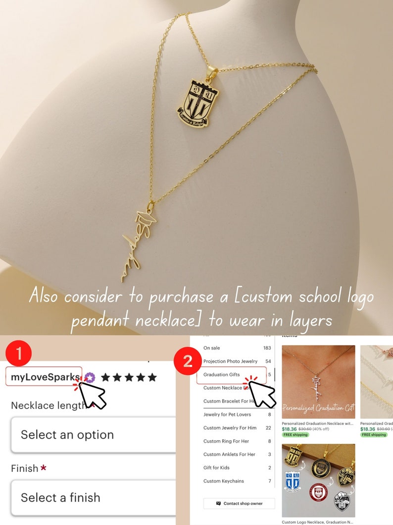 May include: A gold necklace with a custom school logo pendant. The necklace is layered with a second chain with a smaller pendant. The image shows a close-up of the necklace and the text "Also consider to purchase a [custom school logo pendant necklace] to wear in layers".
