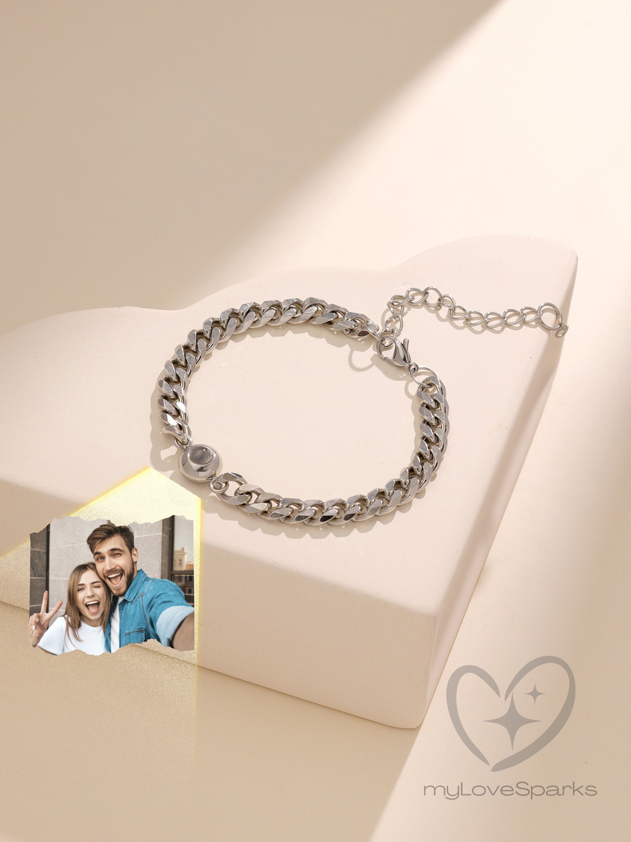 Bracciale Personalizzato Con Proiezione Di Foto In Argento 925 - 'I Love You' In 100 Lingue, Con Diamante, Regalo Donna In Scatola
